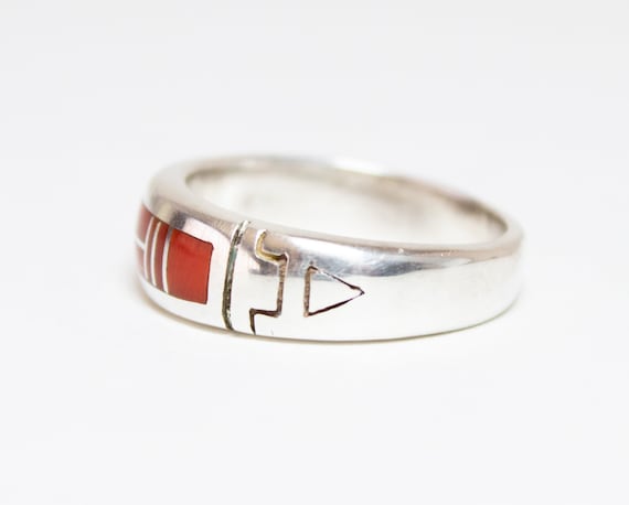 Sterling Coral Inlay Ring Circa 1980s - image 7