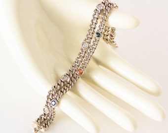 14kt White Gold Bracelet Curb Link 1 ctw Diamonds and 5 Precious Jewels