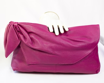 Vintage Fuchsia Leather Clutch Bag Ruched Bow Evening Wear