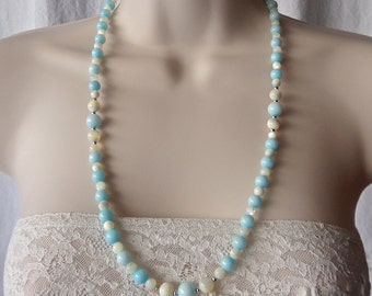Blue Necklace Larimar Bead Mother of Pearl 32 Inch