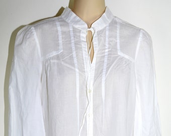 Ladies White Long Sleeved Indian Cotton Shirt with Shoelace Tie at Neckline