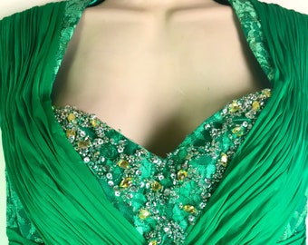 Vintage Silk Chiffon Emerald Green Floor Length Evening Ball Gown