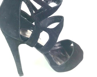 Vintage Strappy Caged Black Suede Peeptoe Stilettos