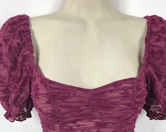Burgundy Stretch Top with Sweetheart Neckline and Balloon Sleeves