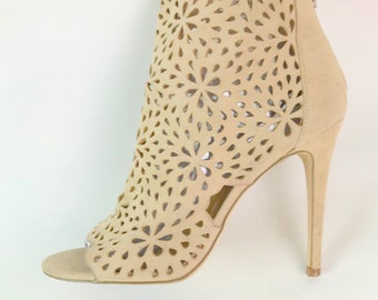 Tan Suede Bootie with Cut Out Floral Holes and Back Zipper