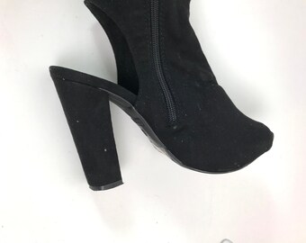 Vintage Peep Toe Thigh-Hi Black Suede Boots with Cut-Out Heel