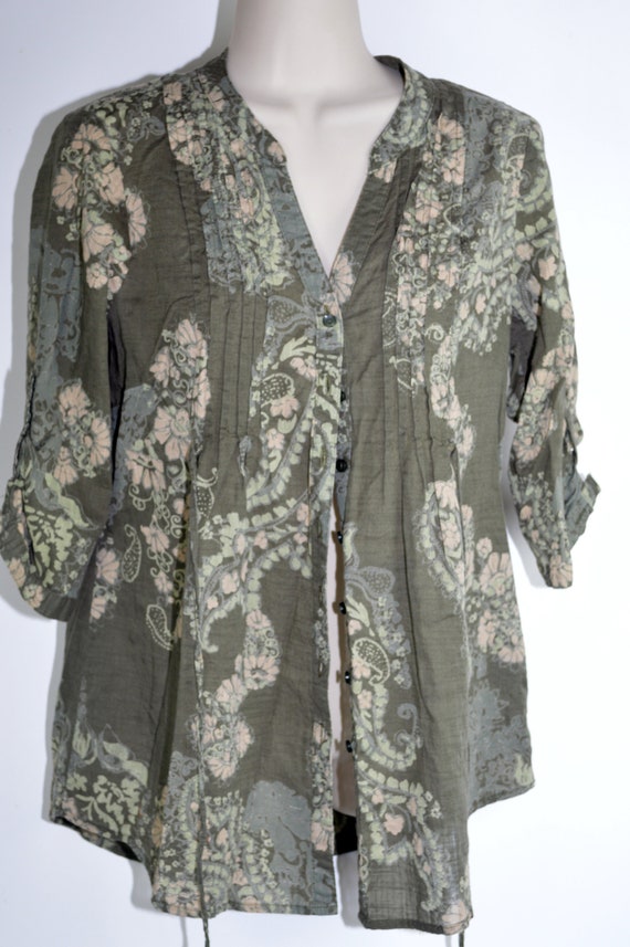 Ladies Olive Green Cotton Floral Smock Top