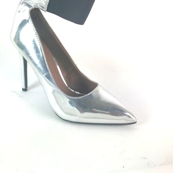 block heel silver pumps