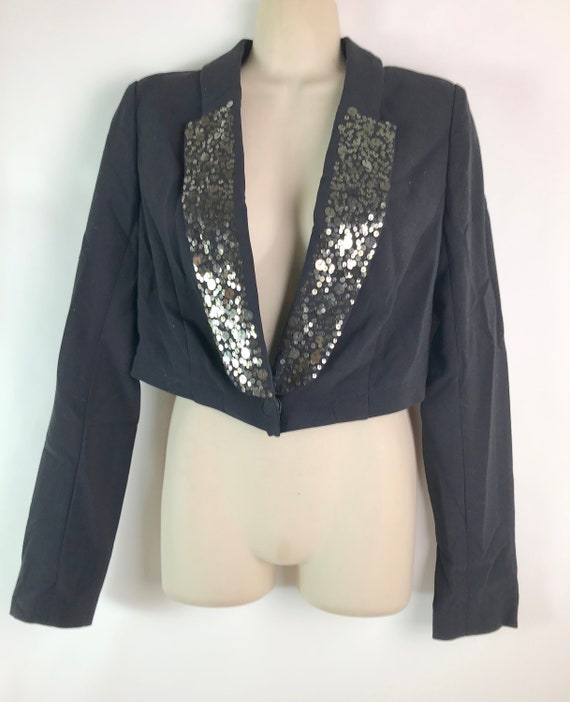 Vintage Black Tux Crop Jacket with Sequinned Coll… - image 1