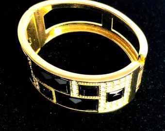 Vintage gold and black bangle with rhinestones