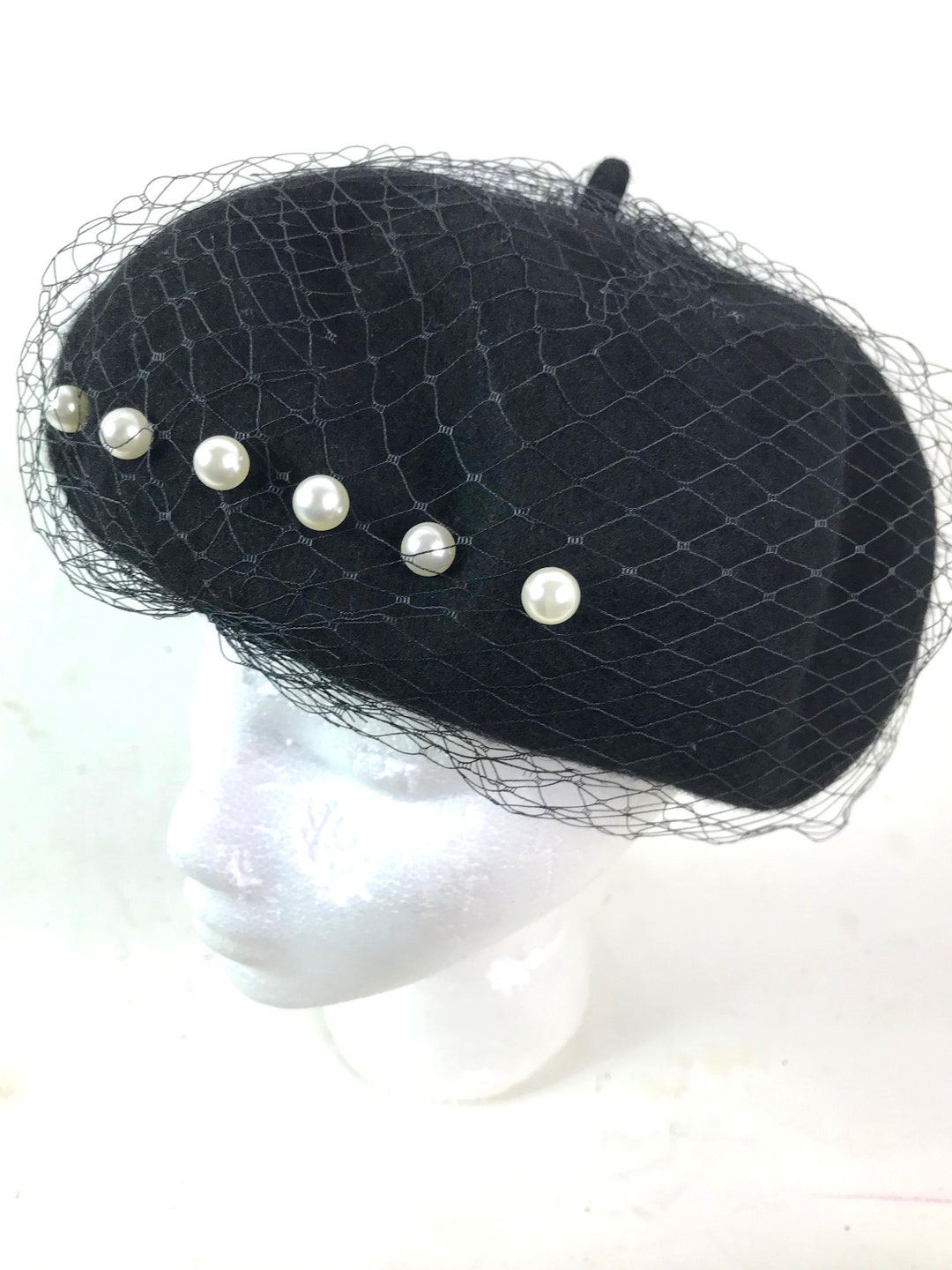 Fifties Beret Style Black Wool Hat with Birdcage Netting and Six Pearls Black Beret With Birdcage - Etsy main image 4