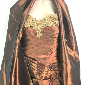 Vintage Copper Bronze Satin Ball Gown with Shawl