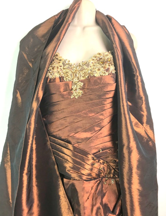 Vintage Copper Bronze Satin Ball Gown with Shawl Vintage Copper Bronze Satin Ball Gown with Shawl