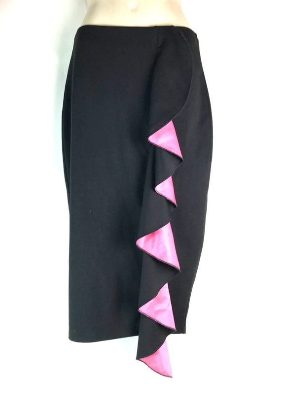 Black and Hot Pink Pencil Skirt with Side Ruffles - image 1