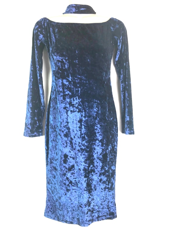 Vintage Royal Blue Crushed Velvet Evening Pencil Dress