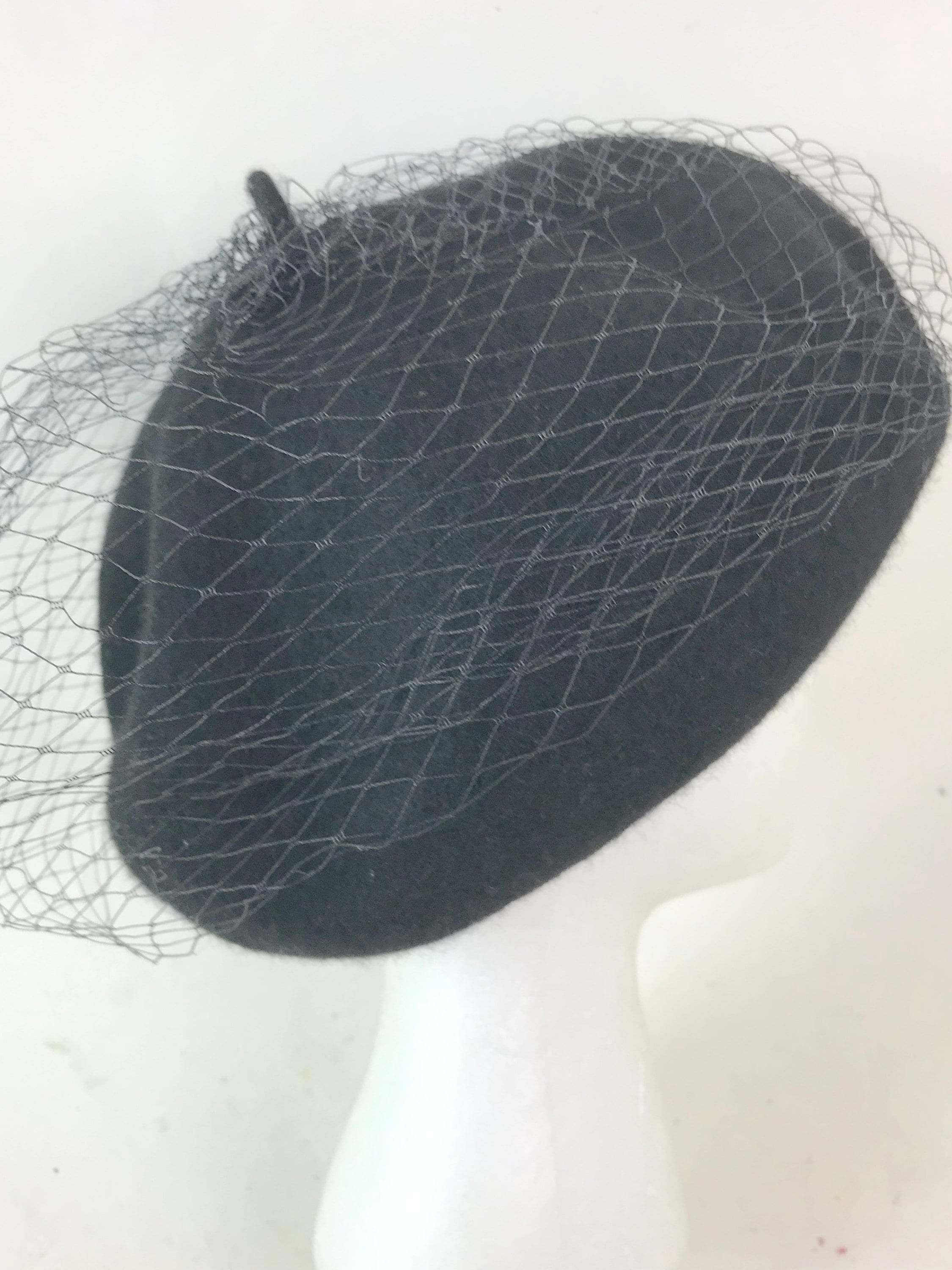 Fifties Beret Style Black Wool Hat with Birdcage Netting and Six Pearls Black Beret With Birdcage - Etsy main image 3