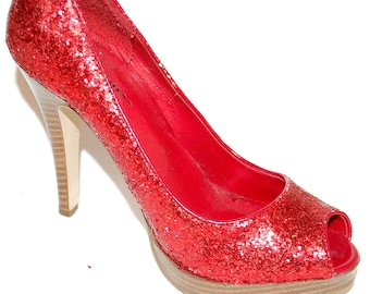Vintage Red Sequinned Peeptoe Platform Pumps