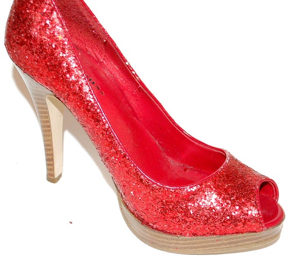 Vintage Red Sequinned Peeptoe Platform Pumps - image 1