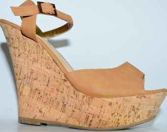 Vintage Tan Wedged Cork Platform Sandals
