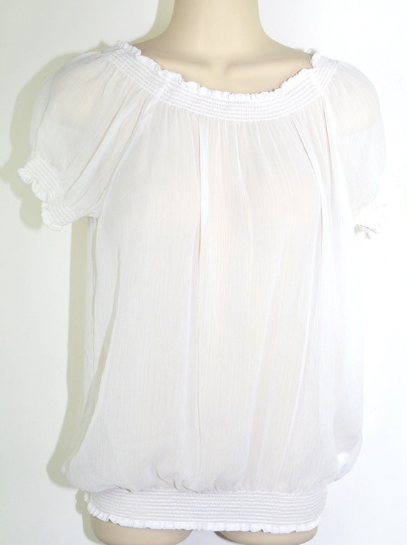 Lightweight White Summer Short Sleeved Peasant Blo