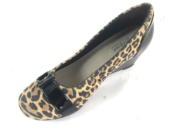 Vintage Leopard Print Clarks Wedge Heel Leather Shoes