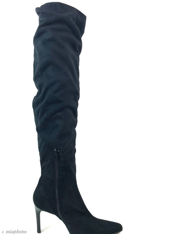 Tall Slouchy Black Suede Fabric Ladies Boots