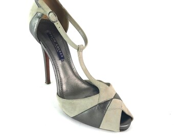 Vintage Ralph Lauren Leather and Suede T Strap Peep Toe Stilettos