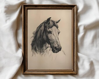 May include: A framed black and white sketch of a horse's head. The artwork is in a brown wooden frame. The horse's head is facing right, with detailed shading and a neutral background.