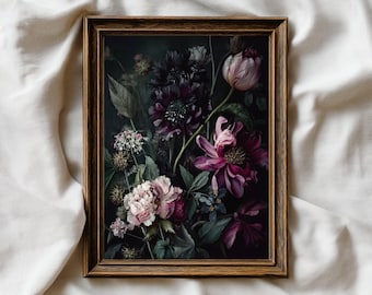 Dark Purple Floral Print: Moody Vintage Academia Wall Art