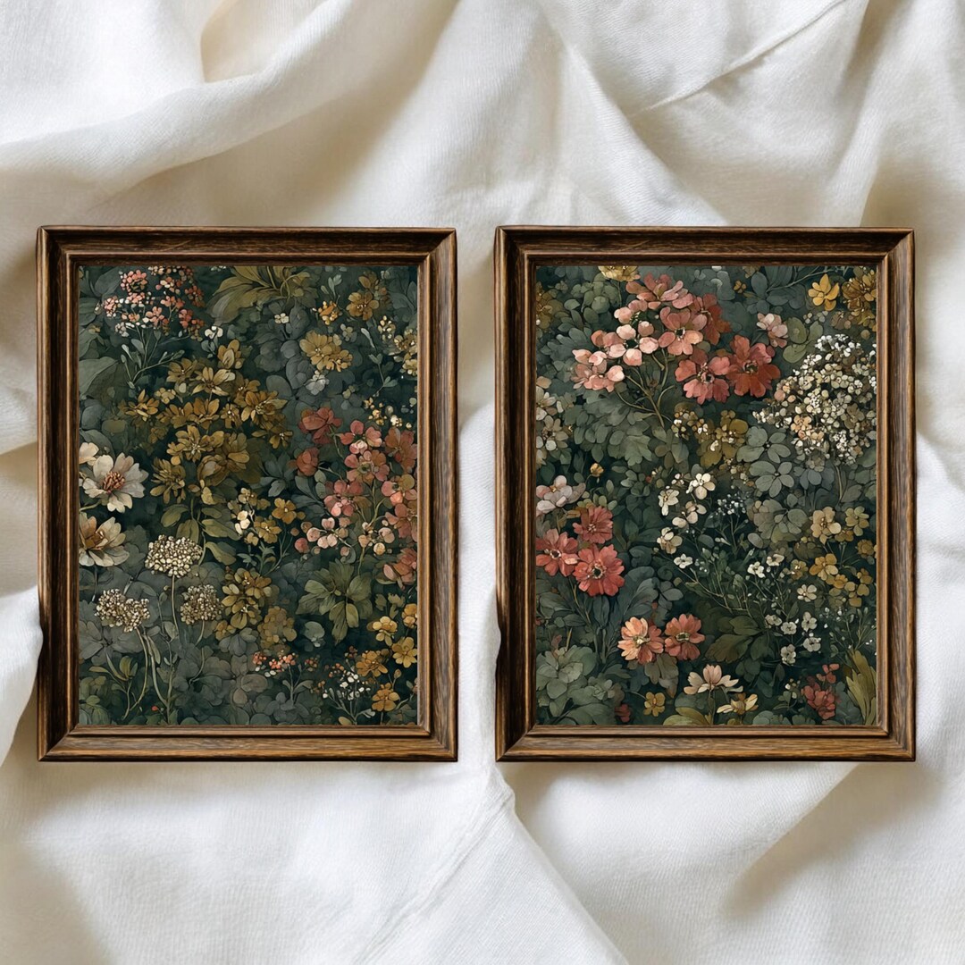 Set of 2 Moody Wildflower Botanical Prints, Vintage Floral Wall Art ...