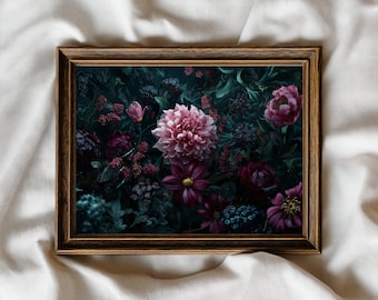 Moody Dark Floral Print: Vintage Botanical Wall Art, Cottagecore Decor