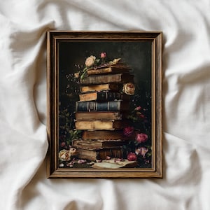 Printed & Shipped – Vintage Book Stack with Roses, Dark Academia Floral Wall Art, Antique-Style Library Print.