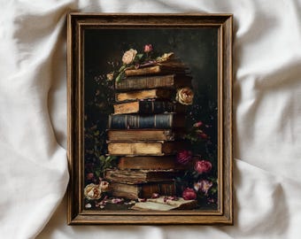 Vintage Book Stack Print with Roses: Dark Academia Library Wall Art