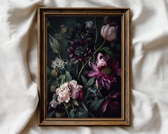Dark Floral Vintage Art Print: Moody Academia Decor (Digital Download