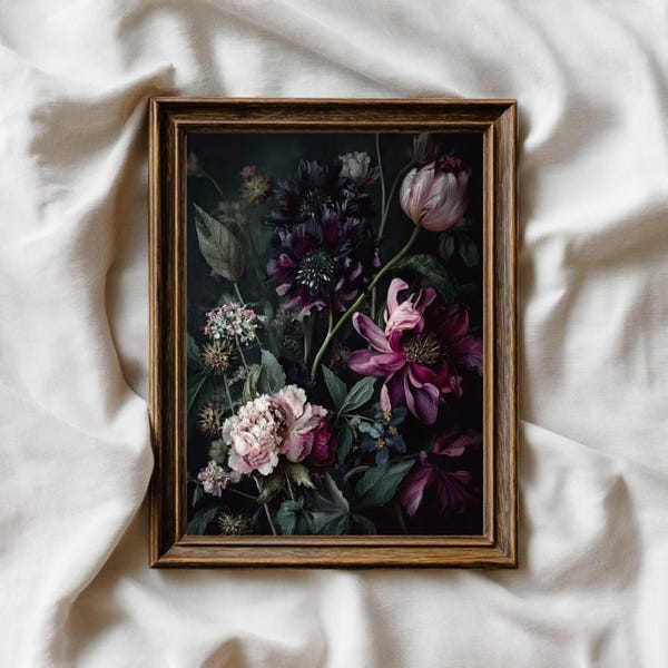 Impression d'art vintage florale sombre : décoration Moody Academia (téléchargement numérique