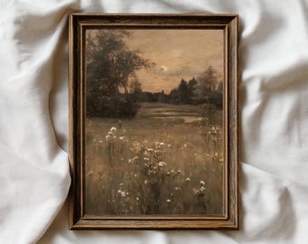 Moody Meadow Landscape Print: Vintage Countryside Wall Art