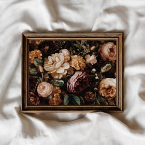 Dark Floral Print – Moody Vintage Flower Artwork, Dark Academia Wall Art, Cottage core-Inspired Decor, Downloadable Digital PRINTABLE