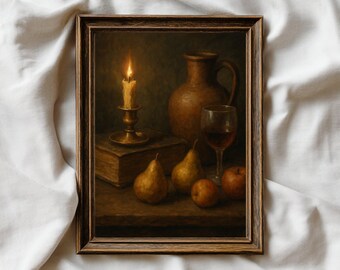 Vintage Still Life Print: Moody Vase & Fruit, Dark Academia (Digital Download)