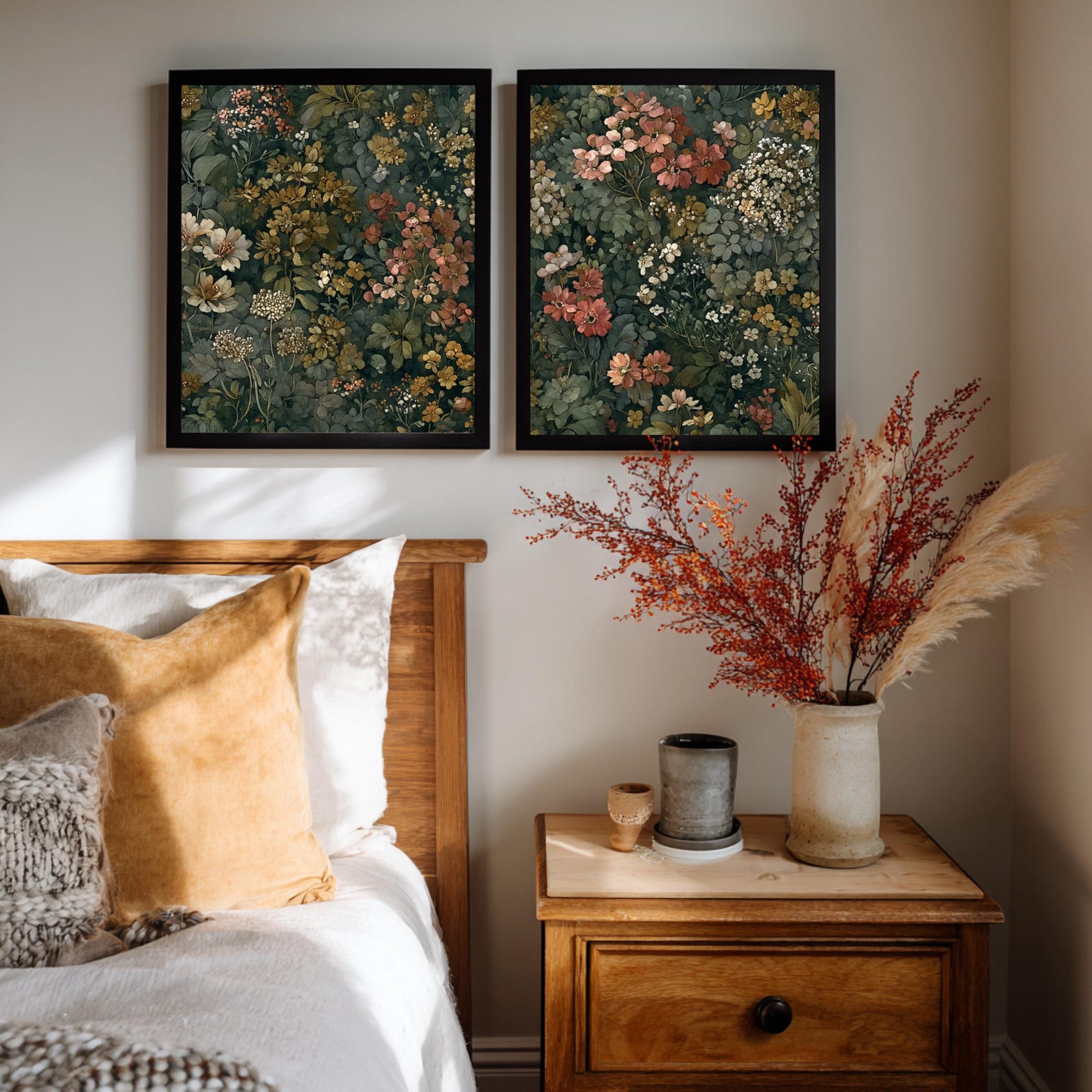 Set of 2 Moody Wildflower Botanical Prints, Vintage Floral Wall Art ...