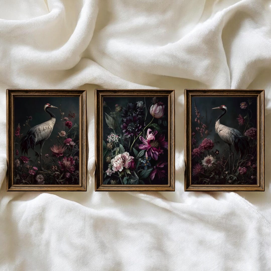 Crane and Floral Print Set: Moody Dark Academia Wall Art (digital ...