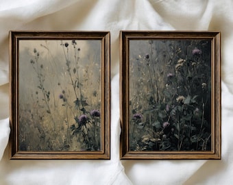 Moody Wild Thistle Print Set: Vintage Botanical Wall Art