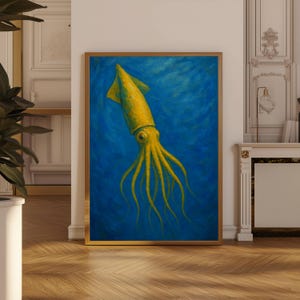 Golden Squid Wall Art, Digital Sea Creature Print, Coastal Nautical Decor, Marine Life Illustration, Ocean Wall Art, Instant Download