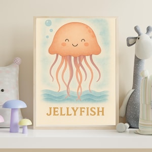 Smiling Jellyfish Sea Animal Wall Art Printable With Name Text, Ocean Themed Nursery Poster For Kids Room Or Preschool Decor, Wall Art