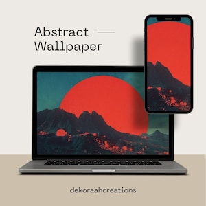 Abstract Red Sun Wallpaper: Sunset Mountain Landscape Digital Background for Phone, iPad, Tablet, Desktop