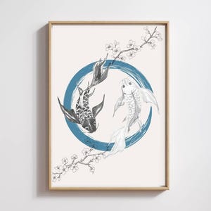 Minimalist Yin Yang Koi Fish Wall Art, Japanese Sakura Poster, Zen Design Art Digital Download, Blue and Black Koi Fish Art Printabl