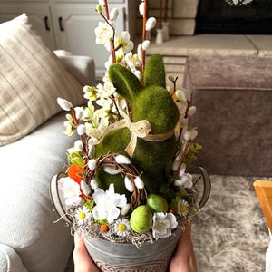 Easter Bunny Floral Arrangement, Green Moss Rabbit with Speckled Eggs, Spring Table Decoration