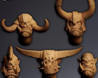 Greenskins A - 5 Miniature Heads | Wargaming | kit bash | Bits | Old | 42mm | Fantasy | Orc| Space | Monster | Creature |