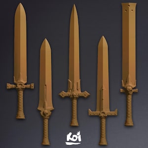 May include: Five bronze-colored swords of varying designs are displayed against a dark background. Each sword features a detailed hilt, with some incorporating skull motifs. The blades have different shapes, ranging from broad to slender.