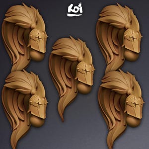 May include: Five identical tan-colored resin miniature helmet heads with flowing, stylized crests and a cross-shaped visor detail. The word Koi is printed in white at the top center. Each helmet features a smooth, matte finish and intricate sculpted textures.