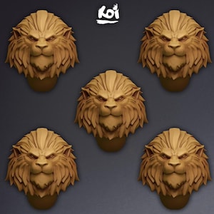 May include: Five identical tan lion head sculptures arranged in a pentagon pattern. Each lion features a detailed mane, pointed ears, and a focused expression. The word Koi is printed in white at the top centre of the image above the lion heads.